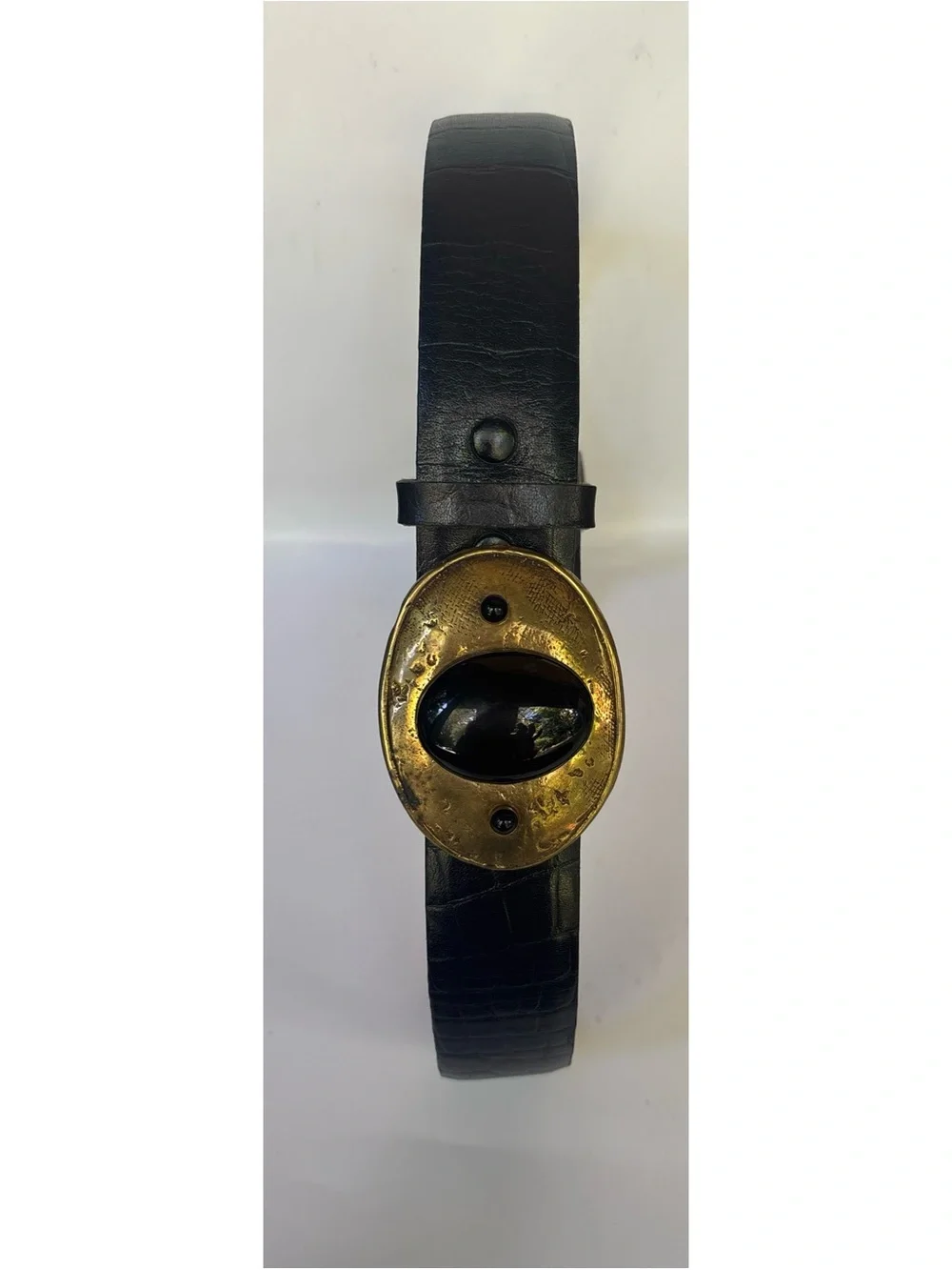 Vintage 1980’s Elaine Coyne Modernist Brass Onyx Black Leather Belt Size M